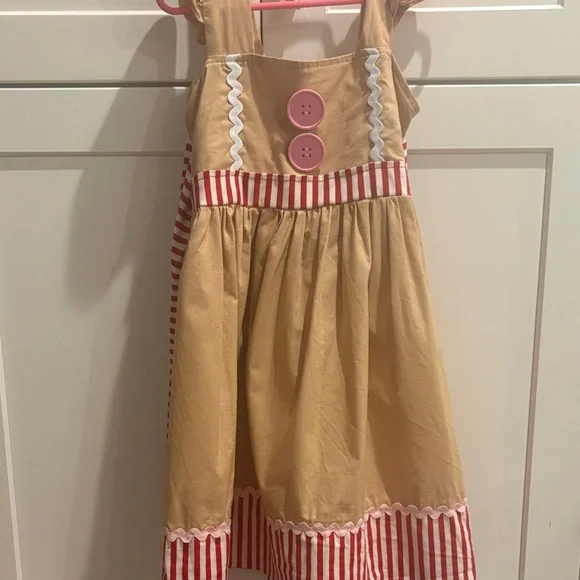 Adorable Holiday Tan and Red Striped Kids Dress - Picture 1 of 5